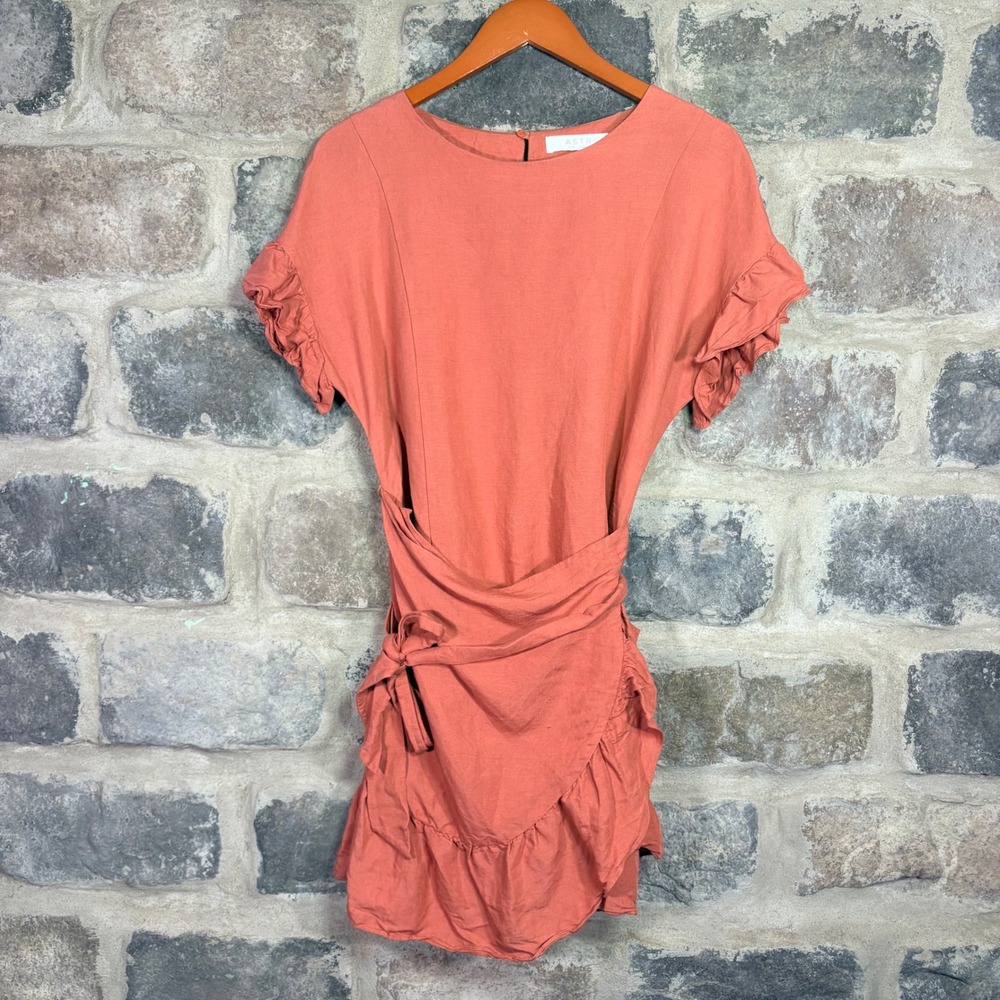 ASTR The Label Rust Orange Linen Blend Ruffle Wrap Mini Dress Small Summer Beach